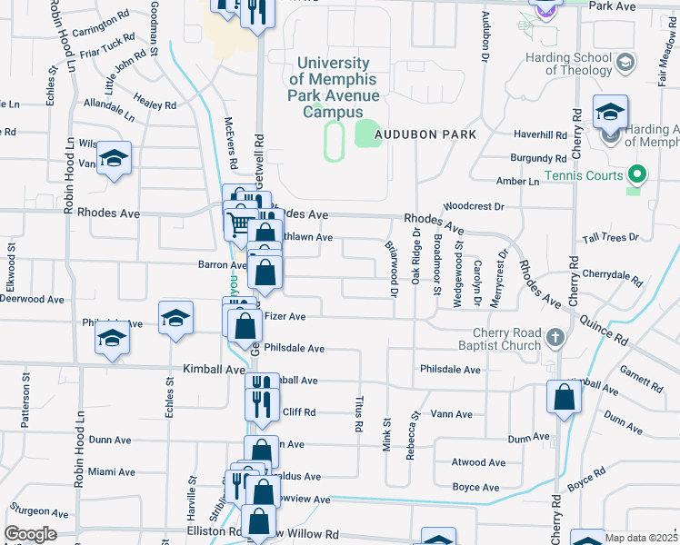 map of restaurants, bars, coffee shops, grocery stores, and more near 4064 Barron Avenue in Memphis