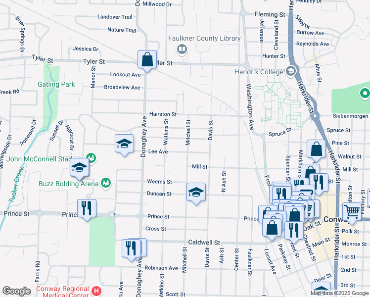 map of restaurants, bars, coffee shops, grocery stores, and more near 1307 Mitchell Street in Conway