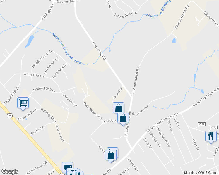map of restaurants, bars, coffee shops, grocery stores, and more near 7103 Oakspring Road in Indian Trail