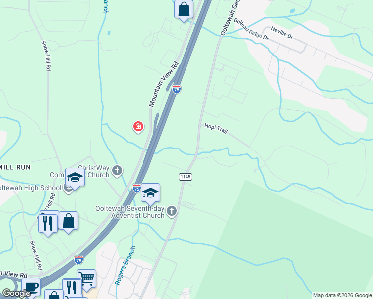 map of restaurants, bars, coffee shops, grocery stores, and more near 6421 Ooltewah Georgetown Road in Ooltewah