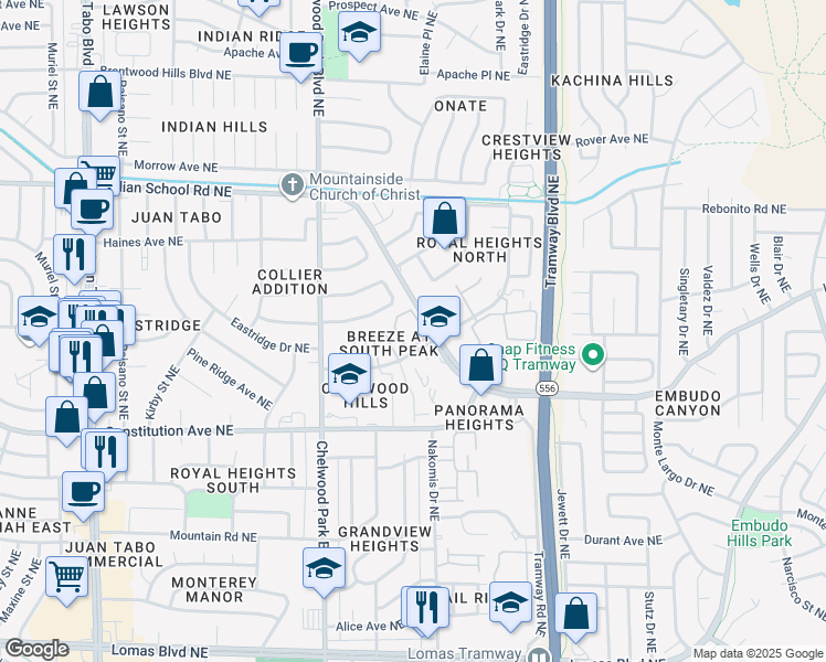 map of restaurants, bars, coffee shops, grocery stores, and more near 12700 Indian School Road Northeast in Albuquerque