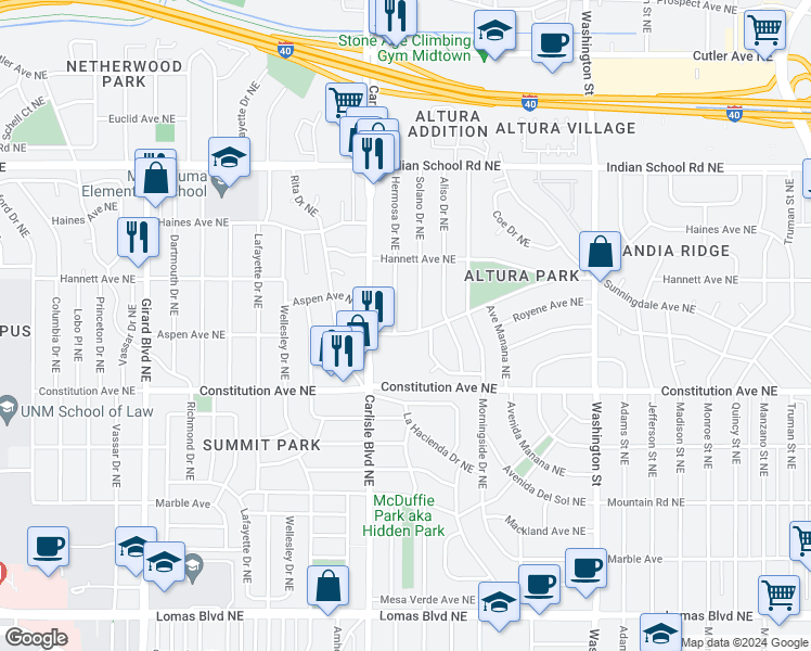 map of restaurants, bars, coffee shops, grocery stores, and more near 1511 Hermosa Drive Northeast in Albuquerque