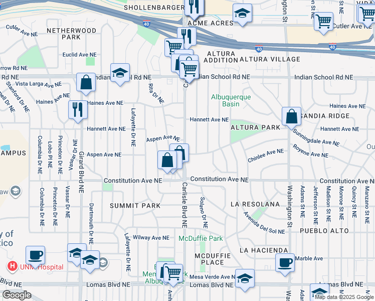 map of restaurants, bars, coffee shops, grocery stores, and more near 1511 Hermosa Drive Northeast in Albuquerque