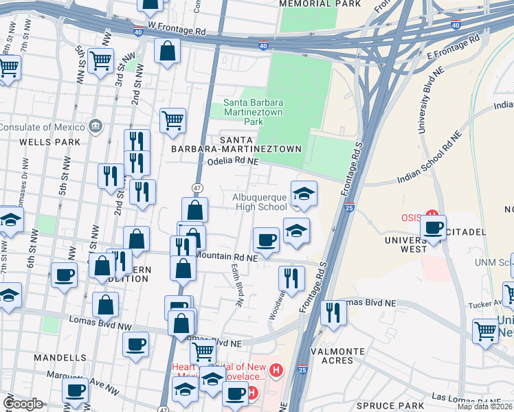 map of restaurants, bars, coffee shops, grocery stores, and more near 1422 Walter Street Northeast in Albuquerque