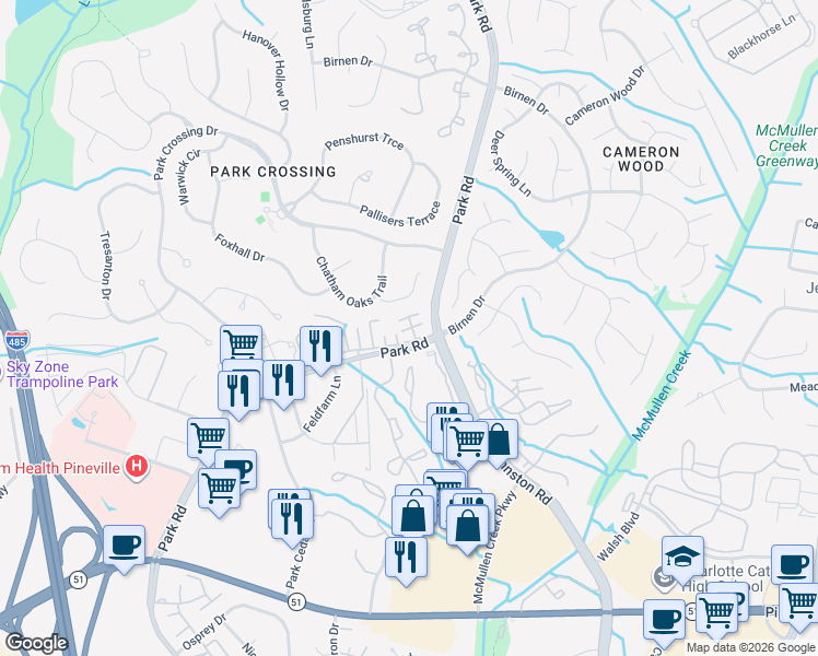 map of restaurants, bars, coffee shops, grocery stores, and more near 10921 Oakside Court in Charlotte