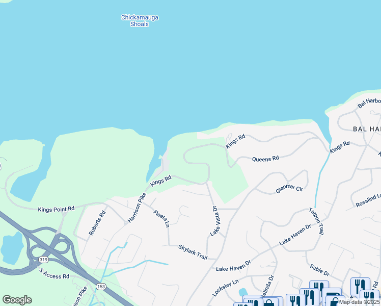 map of restaurants, bars, coffee shops, grocery stores, and more near 3610 Kings Road in Chattanooga