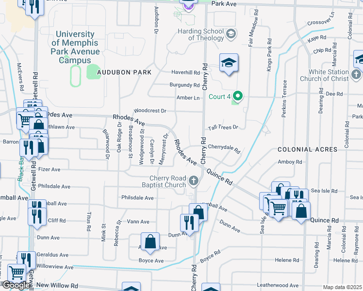 map of restaurants, bars, coffee shops, grocery stores, and more near 1279 Cherrydale Cove in Memphis