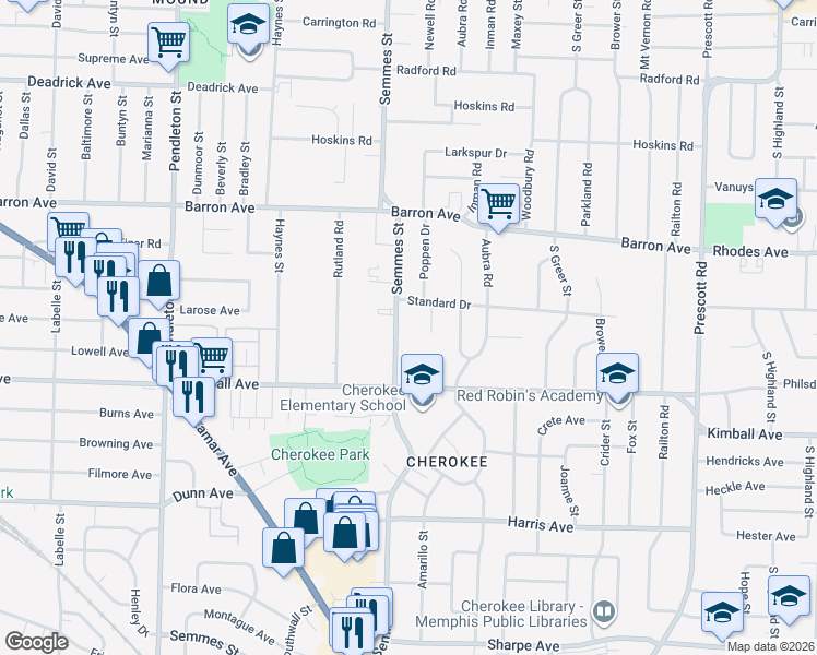 map of restaurants, bars, coffee shops, grocery stores, and more near 1272 Semmes Street in Memphis