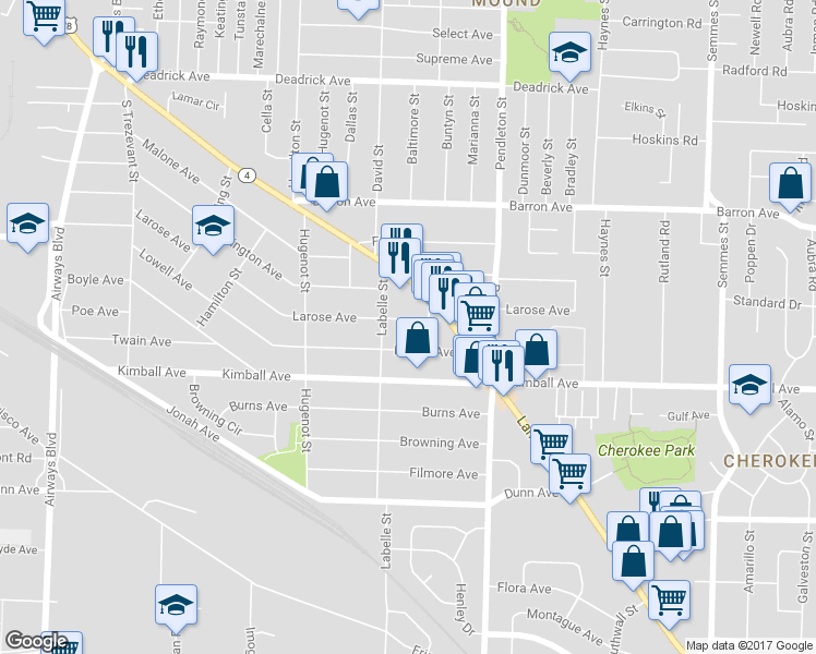 map of restaurants, bars, coffee shops, grocery stores, and more near 2693 Larose Avenue in Memphis