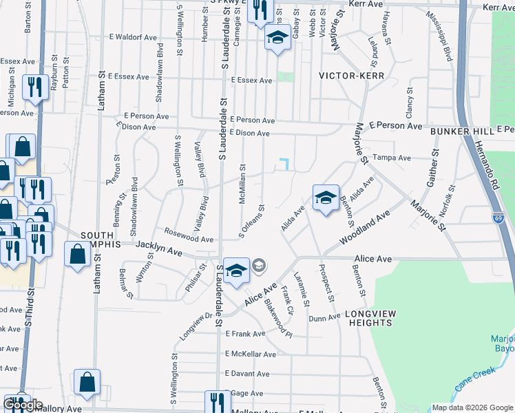 map of restaurants, bars, coffee shops, grocery stores, and more near 1827 South Orleans Street in Memphis