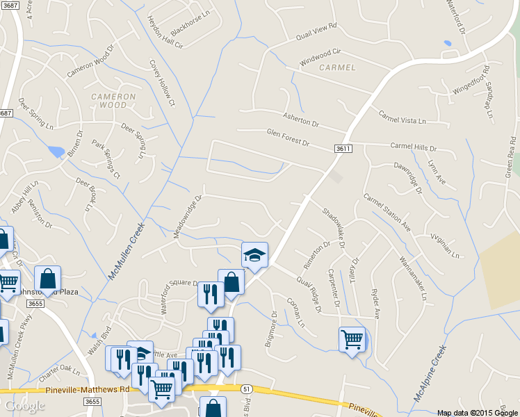 map of restaurants, bars, coffee shops, grocery stores, and more near 3915 Meadowridge Drive in Charlotte