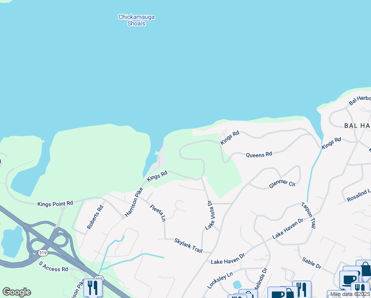 map of restaurants, bars, coffee shops, grocery stores, and more near 3610 Kings Road in Chattanooga