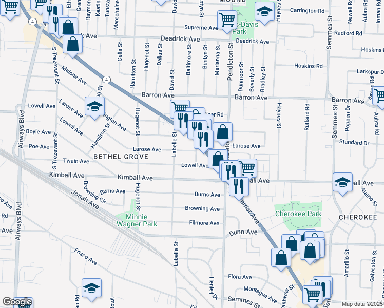 map of restaurants, bars, coffee shops, grocery stores, and more near 2693 Larose Avenue in Memphis