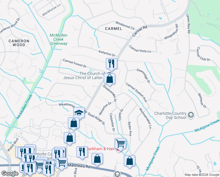 map of restaurants, bars, coffee shops, grocery stores, and more near 7328 Shadowlake Dr in Charlotte