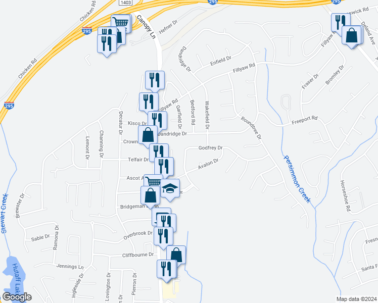 map of restaurants, bars, coffee shops, grocery stores, and more near 7247 Godfrey Drive in Fayetteville
