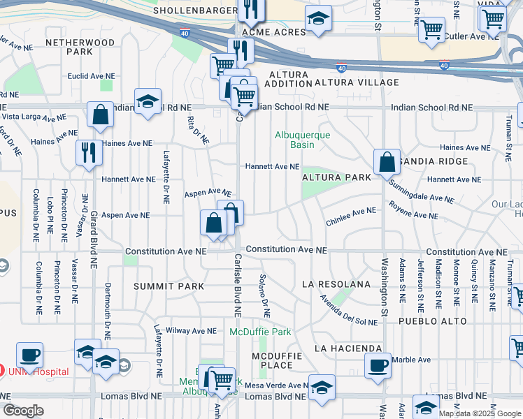 map of restaurants, bars, coffee shops, grocery stores, and more near 1511 Hermosa Drive Northeast in Albuquerque