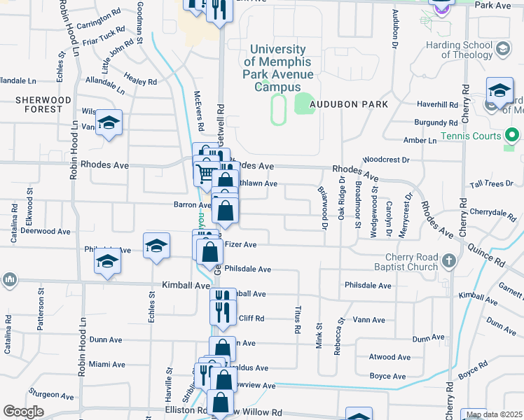 map of restaurants, bars, coffee shops, grocery stores, and more near 4028 Barron Avenue in Memphis
