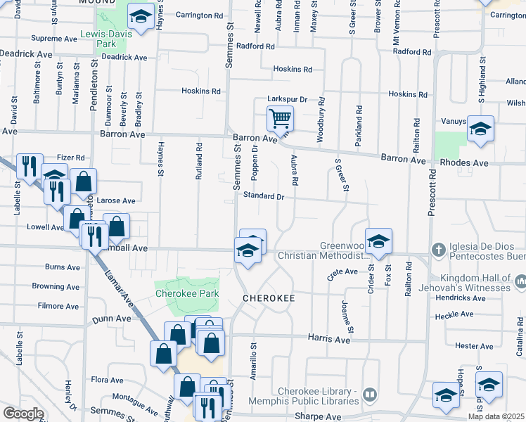 map of restaurants, bars, coffee shops, grocery stores, and more near 1268 Poppen Drive in Memphis