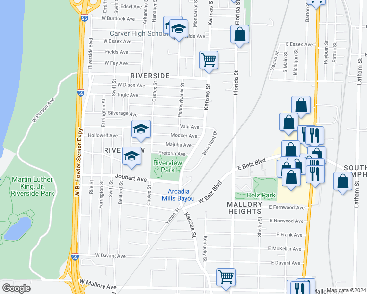 map of restaurants, bars, coffee shops, grocery stores, and more near 139 Majuba Avenue in Memphis