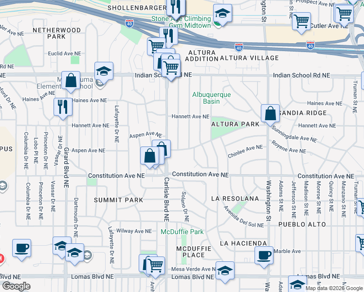 map of restaurants, bars, coffee shops, grocery stores, and more near 3803 Aspen Avenue Northeast in Albuquerque