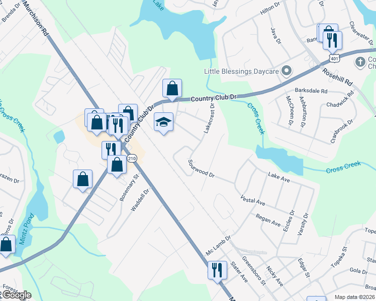 map of restaurants, bars, coffee shops, grocery stores, and more near 1728 Veanna Drive in Fayetteville