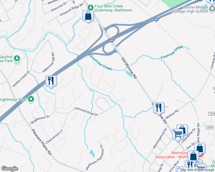 map of restaurants, bars, coffee shops, grocery stores, and more near 3213 Bridgemere Terrace in Matthews