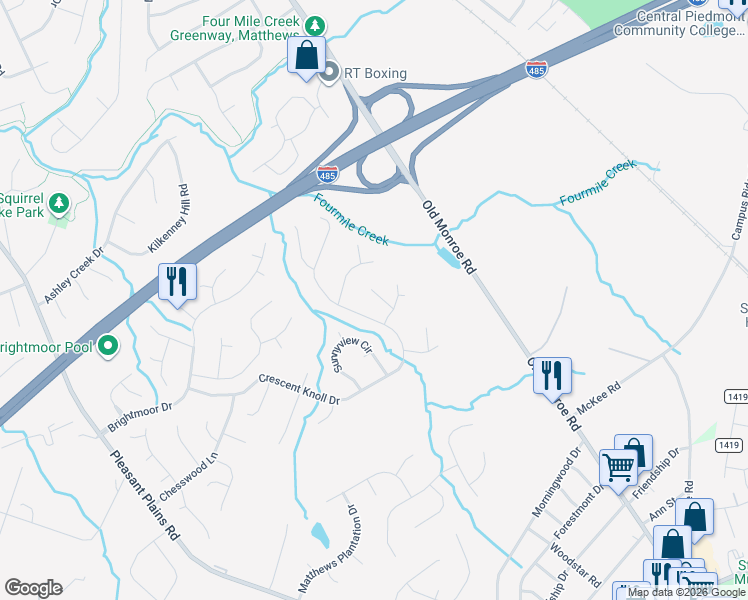 map of restaurants, bars, coffee shops, grocery stores, and more near 3213 Bridgemere Terrace in Matthews