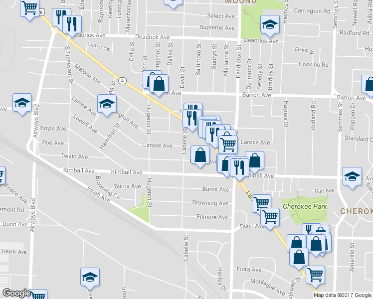 map of restaurants, bars, coffee shops, grocery stores, and more near 2653 Larose Avenue in Memphis