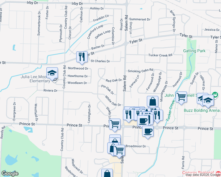 map of restaurants, bars, coffee shops, grocery stores, and more near 4 Pin Oak Drive in Conway