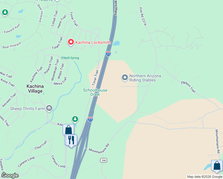 map of restaurants, bars, coffee shops, grocery stores, and more near 3090 Old Munds Highway in Flagstaff