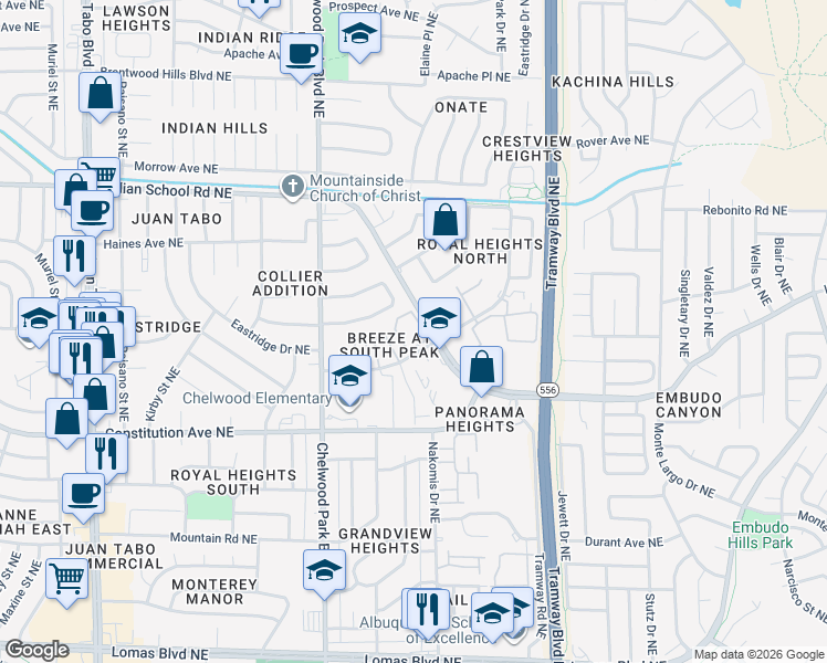 map of restaurants, bars, coffee shops, grocery stores, and more near 12700 Indian School Road Northeast in Albuquerque