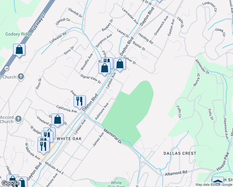map of restaurants, bars, coffee shops, grocery stores, and more near 2423 Ashmore Avenue in Chattanooga