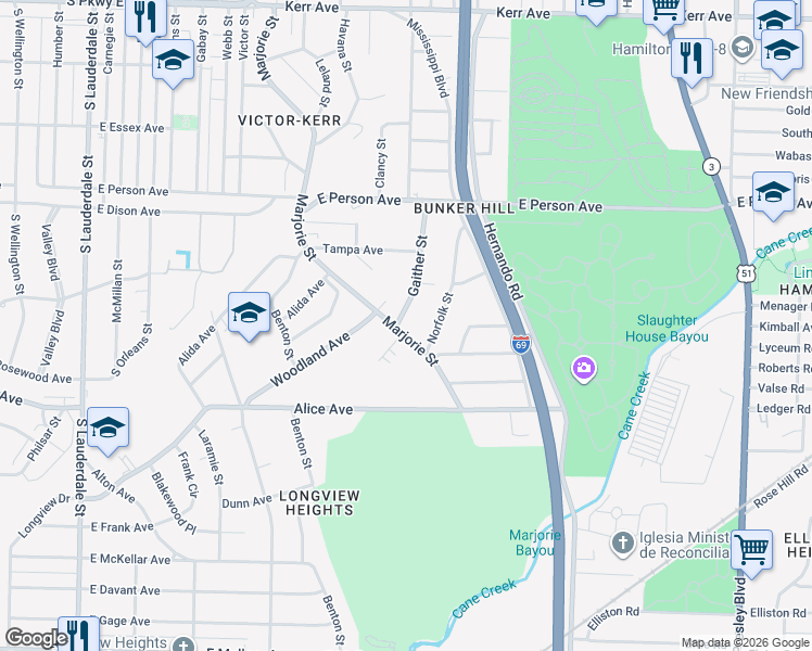 map of restaurants, bars, coffee shops, grocery stores, and more near 1828 Marjorie Street in Memphis