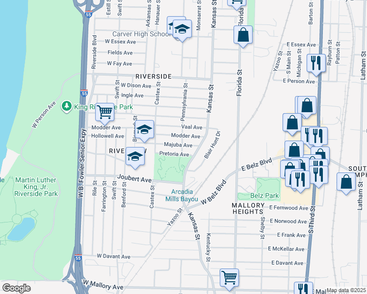 map of restaurants, bars, coffee shops, grocery stores, and more near 139 Majuba Avenue in Memphis