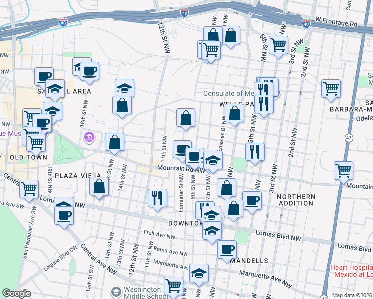 map of restaurants, bars, coffee shops, grocery stores, and more near 1138 Forrester Avenue Northwest in Albuquerque