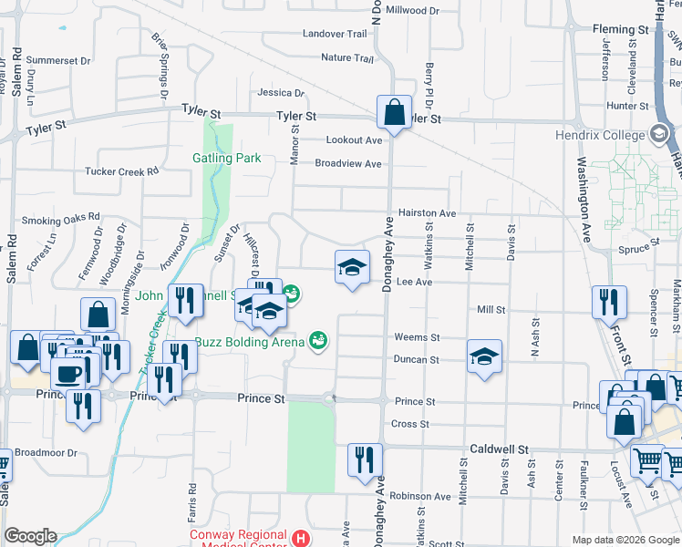 map of restaurants, bars, coffee shops, grocery stores, and more near 2213 Lee Avenue in Conway