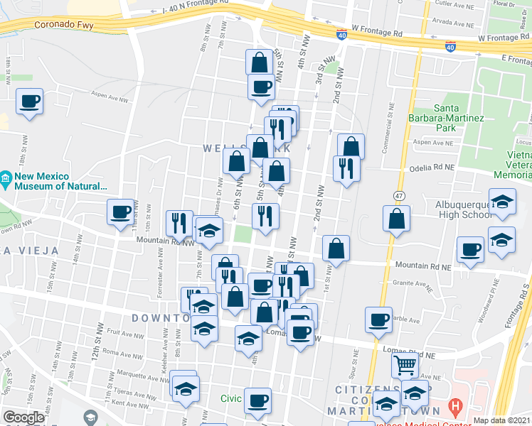 map of restaurants, bars, coffee shops, grocery stores, and more near 424 Summer Avenue Northwest in Albuquerque
