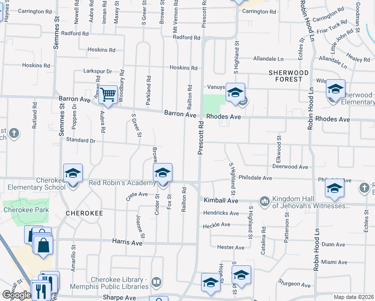 map of restaurants, bars, coffee shops, grocery stores, and more near 1274 Railton Road in Memphis
