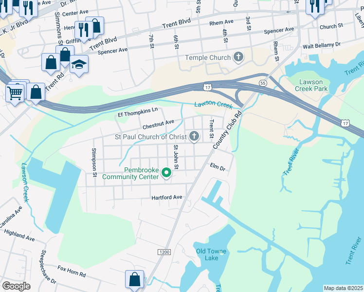 map of restaurants, bars, coffee shops, grocery stores, and more near 1801 McKinley Avenue in New Bern