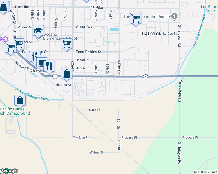 map of restaurants, bars, coffee shops, grocery stores, and more near 2400 Cienaga Street in Oceano