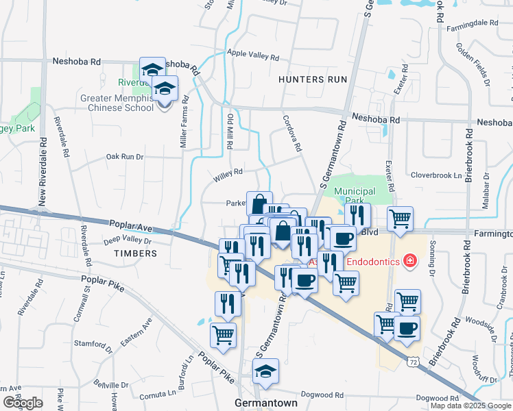 map of restaurants, bars, coffee shops, grocery stores, and more near 7535 Parker Circle in Germantown
