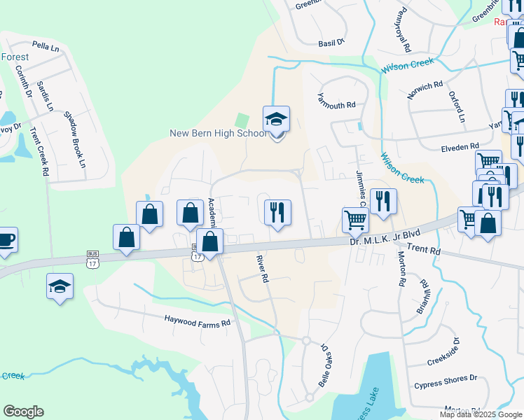 map of restaurants, bars, coffee shops, grocery stores, and more near 4223 Arbor Green Way in New Bern