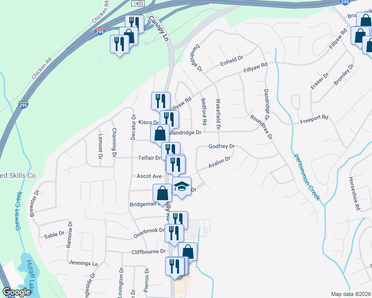 map of restaurants, bars, coffee shops, grocery stores, and more near 278 Squire Lane in Fayetteville