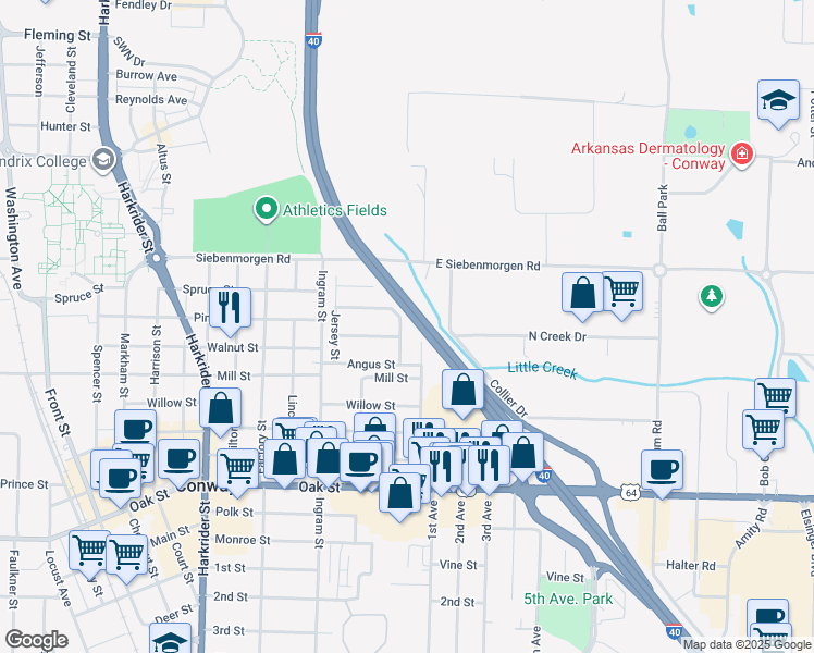 map of restaurants, bars, coffee shops, grocery stores, and more near 1308 Guernsey Drive in Conway