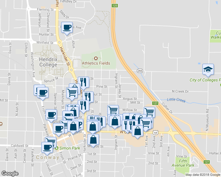 map of restaurants, bars, coffee shops, grocery stores, and more near 1272 Lincoln Street in Conway
