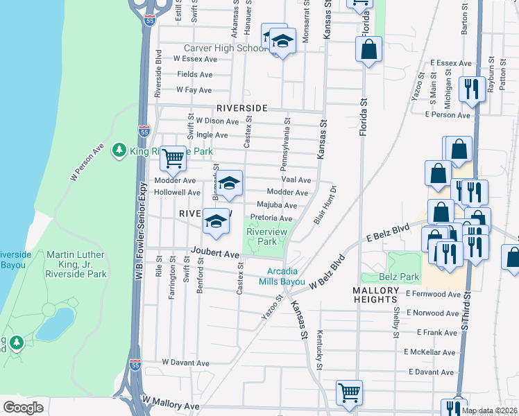 map of restaurants, bars, coffee shops, grocery stores, and more near 183 Majuba Avenue in Memphis