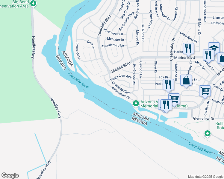 map of restaurants, bars, coffee shops, grocery stores, and more near 2077 Whitewater Drive in Bullhead City