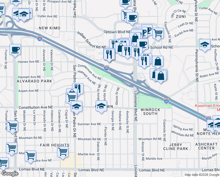 map of restaurants, bars, coffee shops, grocery stores, and more near 1852 Georgia Street Northeast in Albuquerque