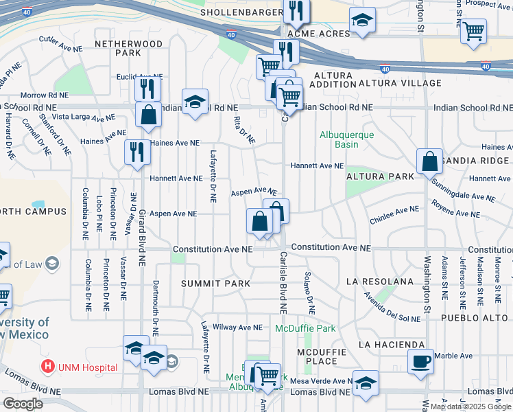 map of restaurants, bars, coffee shops, grocery stores, and more near 1506 Cll Del Ranchero Northeast in Albuquerque