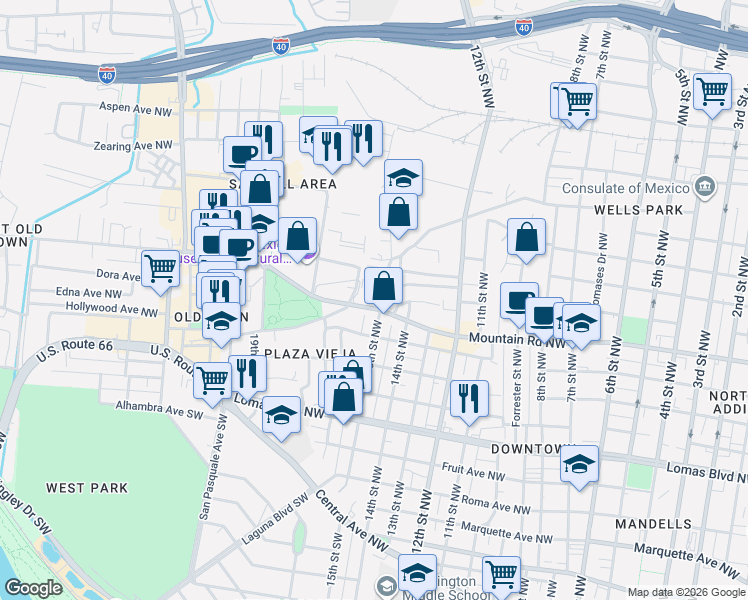 map of restaurants, bars, coffee shops, grocery stores, and more near 1407 Sawmill Road in Albuquerque